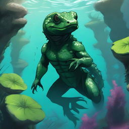 A detailed illustration of a fantasy humanoid dark green salamander or newt race character underwater in a Dungeons & Dragons setting