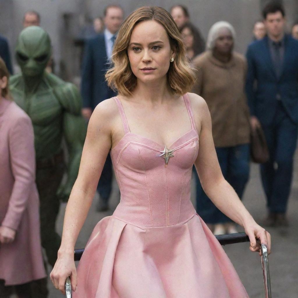 Captain Marvel's Brie Larson adorned in a pink dress, sitting in a baby stroller being pushed by friendly aliens.