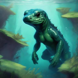 A detailed illustration of a fantasy humanoid dark green salamander or newt race character underwater in a Dungeons & Dragons setting