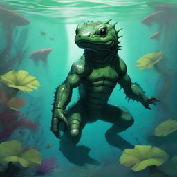 A detailed illustration of a fantasy humanoid dark green salamander or newt race character underwater in a Dungeons & Dragons setting