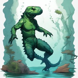 A detailed illustration of a fantasy humanoid dark green salamander or newt race character underwater in a Dungeons & Dragons setting