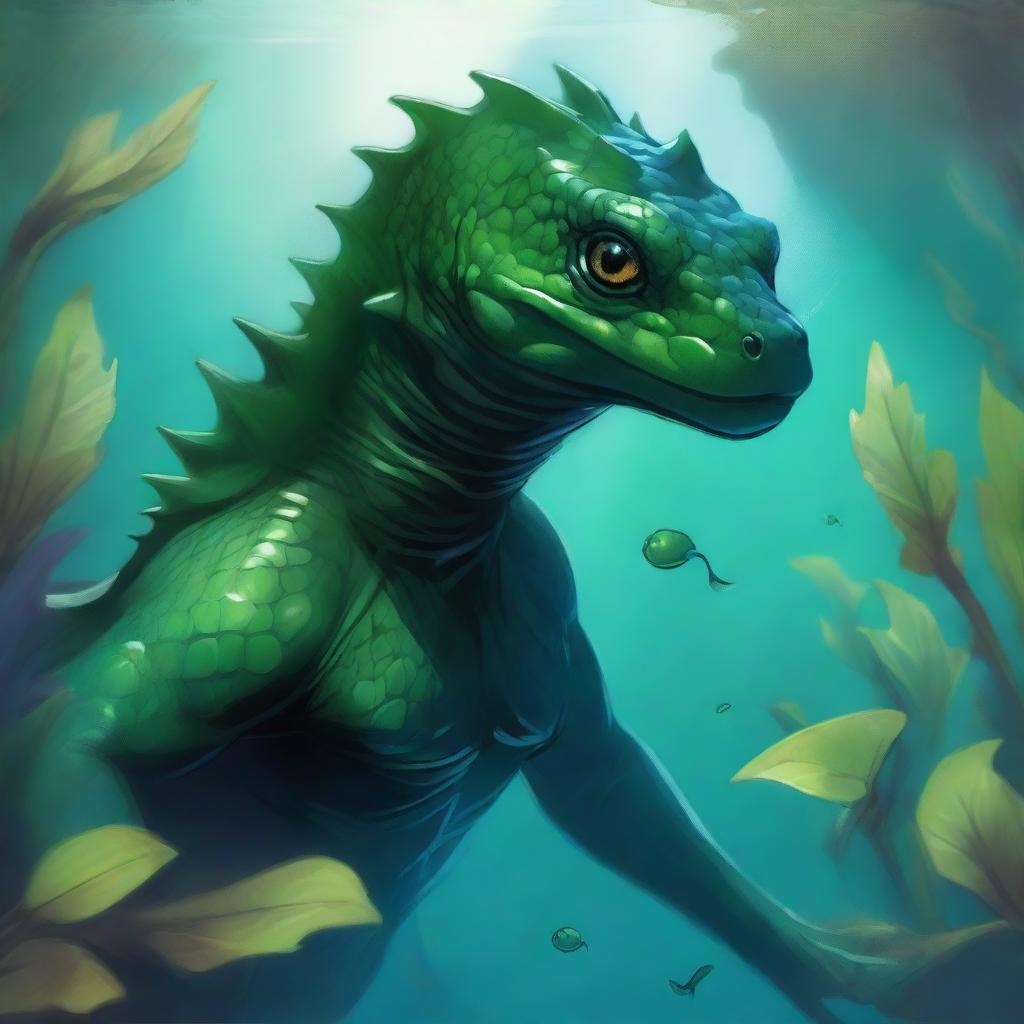 A detailed illustration of a fantasy humanoid dark green salamander or newt race character underwater in a Dungeons & Dragons setting