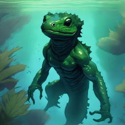 A detailed illustration of a fantasy humanoid dark green salamander or newt race character underwater in a Dungeons & Dragons setting