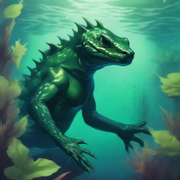 A detailed illustration of a fantasy humanoid dark green salamander or newt race character underwater in a Dungeons & Dragons setting