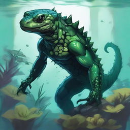 A detailed illustration of a fantasy humanoid dark green salamander or newt race character underwater in a Dungeons & Dragons setting