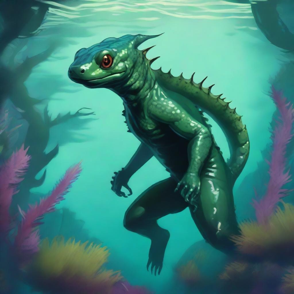 A detailed illustration of a fantasy humanoid dark green salamander/newt race character underwater in a Dungeons & Dragons setting