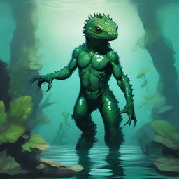 A detailed illustration of a fantasy humanoid dark green salamander/newt race character underwater in a Dungeons & Dragons setting