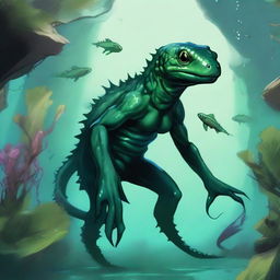 A detailed illustration of a fantasy humanoid dark green salamander/newt race character underwater in a Dungeons & Dragons setting