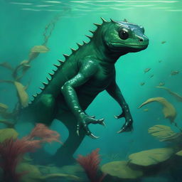 A detailed illustration of a fantasy humanoid dark green salamander/newt race character underwater in a Dungeons & Dragons setting