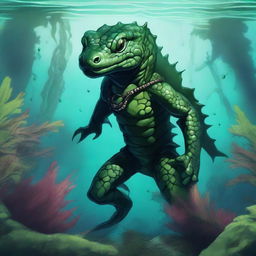 A detailed illustration of a fantasy humanoid dark green salamander/newt race character underwater in a Dungeons & Dragons setting