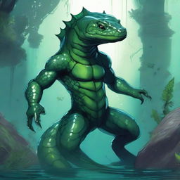 A detailed illustration of a fantasy humanoid dark green salamander/newt race character underwater in a Dungeons & Dragons setting