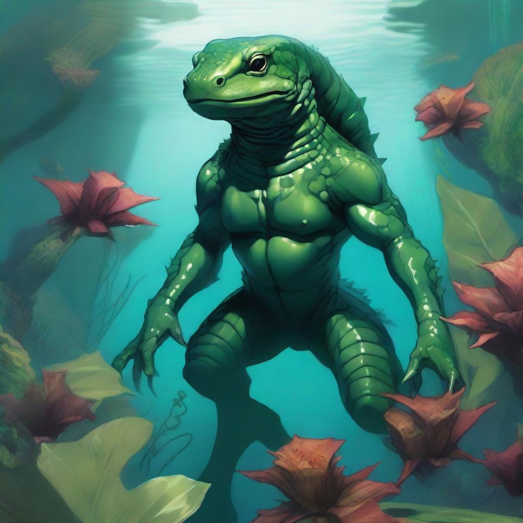 A detailed illustration of a fantasy humanoid dark green salamander/newt race character underwater in a Dungeons & Dragons setting