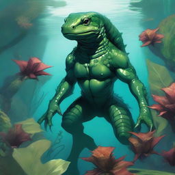 A detailed illustration of a fantasy humanoid dark green salamander/newt race character underwater in a Dungeons & Dragons setting