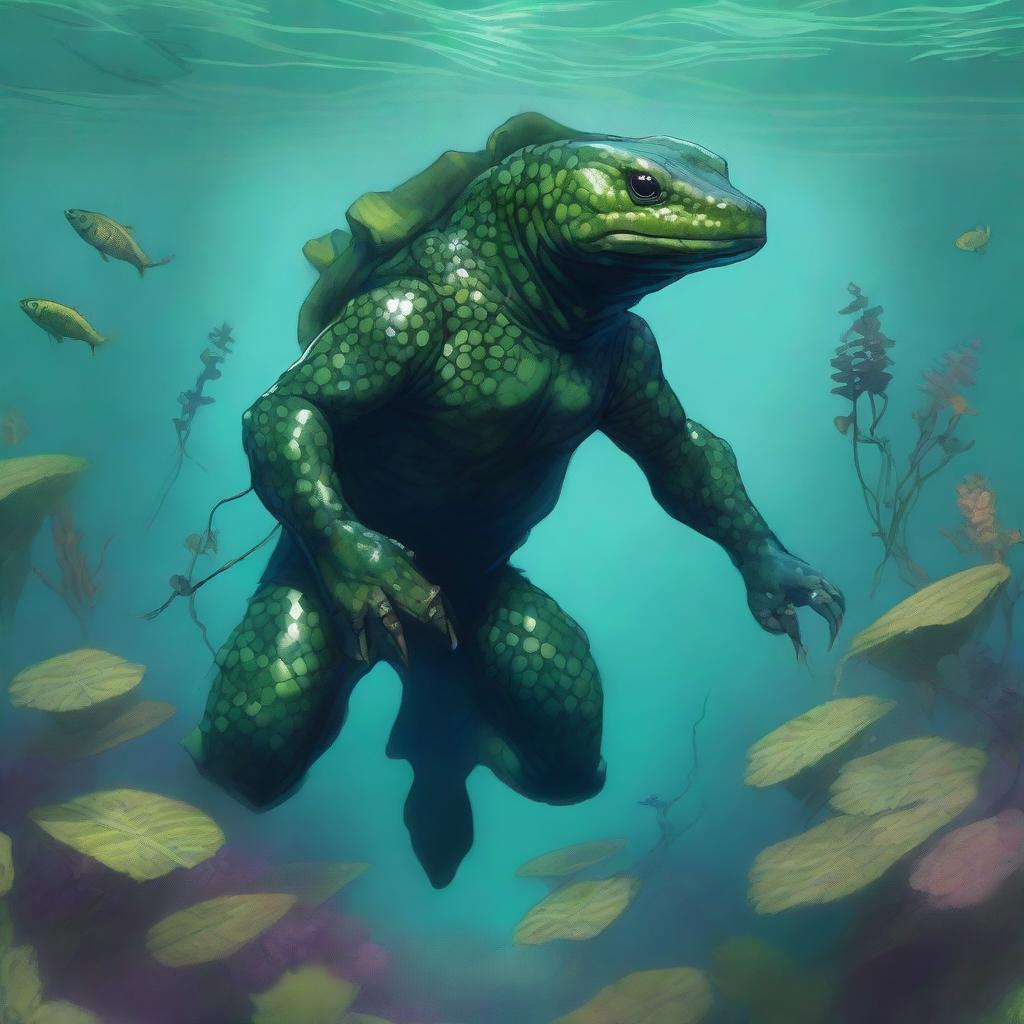 A detailed illustration of a Salamander homebrew Dungeons & Dragons race character underwater