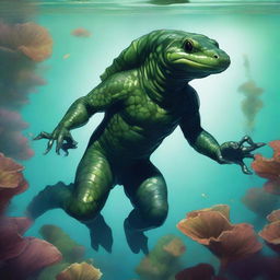 A detailed illustration of a Salamander homebrew Dungeons & Dragons race character underwater