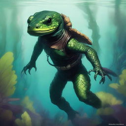 A detailed illustration of a Salamander homebrew Dungeons & Dragons race character underwater