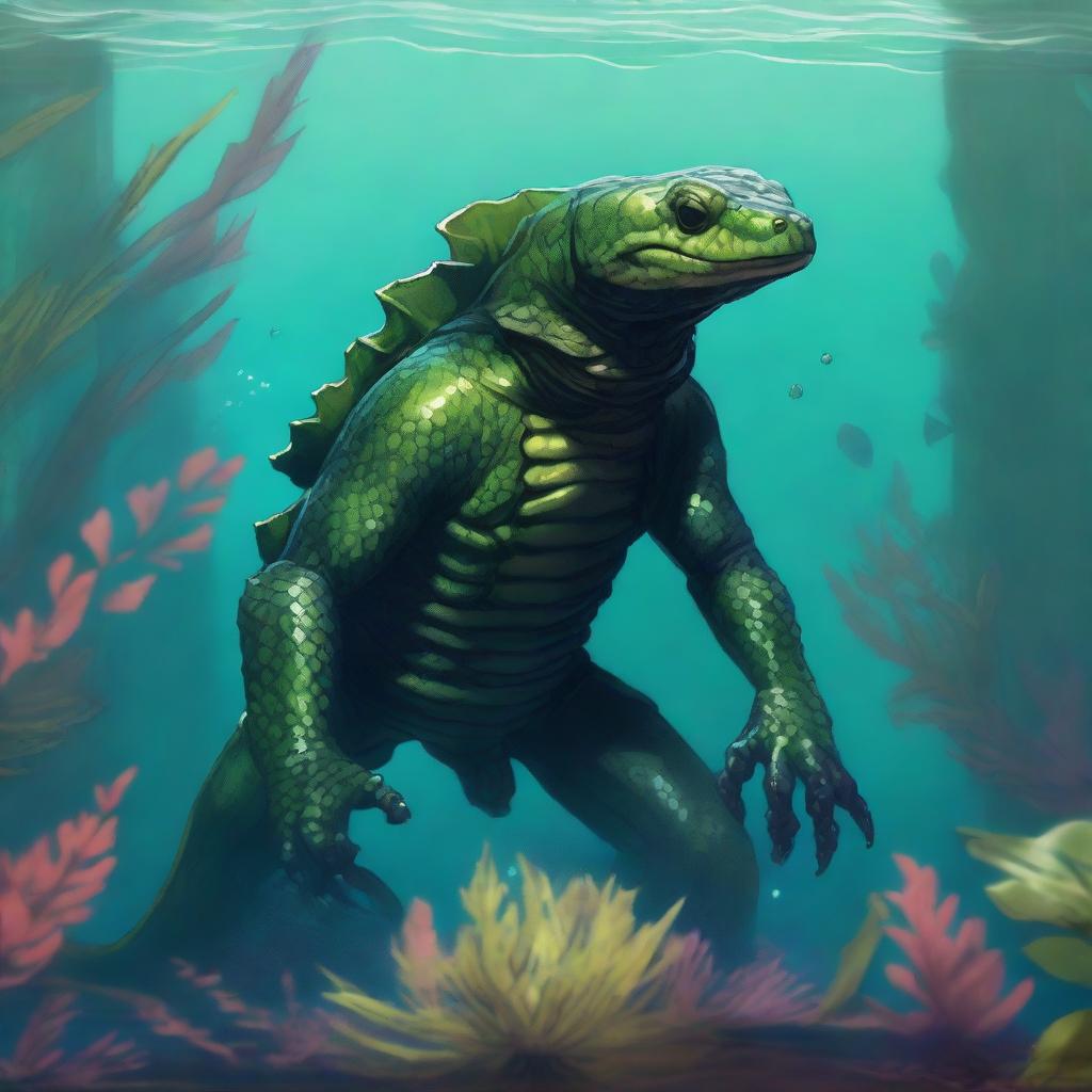 A detailed illustration of a Salamander homebrew Dungeons & Dragons race character underwater