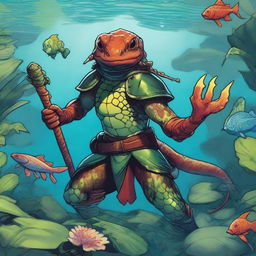 An illustration of a comic-style salamander warrior from Dungeons & Dragons, depicted underwater