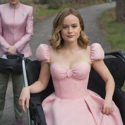 Captain Marvel's Brie Larson adorned in a pink dress, sitting in a baby stroller being pushed by friendly aliens.