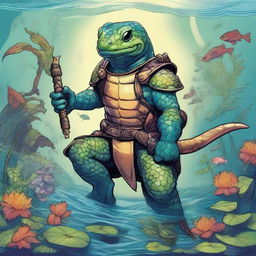 An illustration of a comic-style salamander warrior from Dungeons & Dragons, depicted underwater