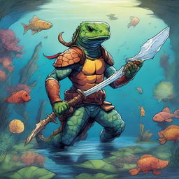 An illustration of a comic-style salamander warrior from Dungeons & Dragons, depicted underwater