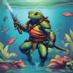 An illustration of a comic-style salamander warrior from Dungeons & Dragons, depicted underwater