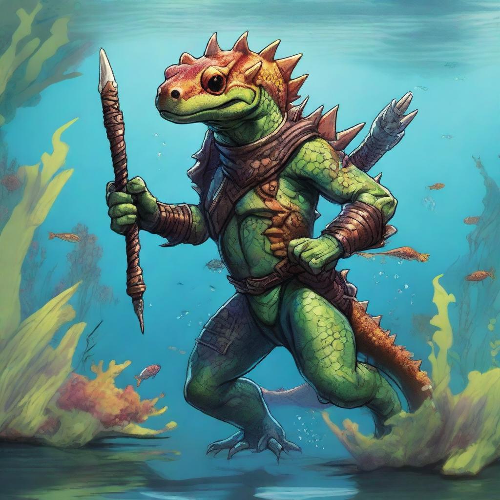 An illustration of a comic-style salamander warrior from Dungeons & Dragons, depicted underwater