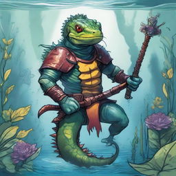 An illustration of a comic-style salamander warrior from Dungeons & Dragons, depicted underwater