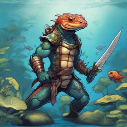 An illustration of a comic-style salamander warrior from Dungeons & Dragons, depicted underwater