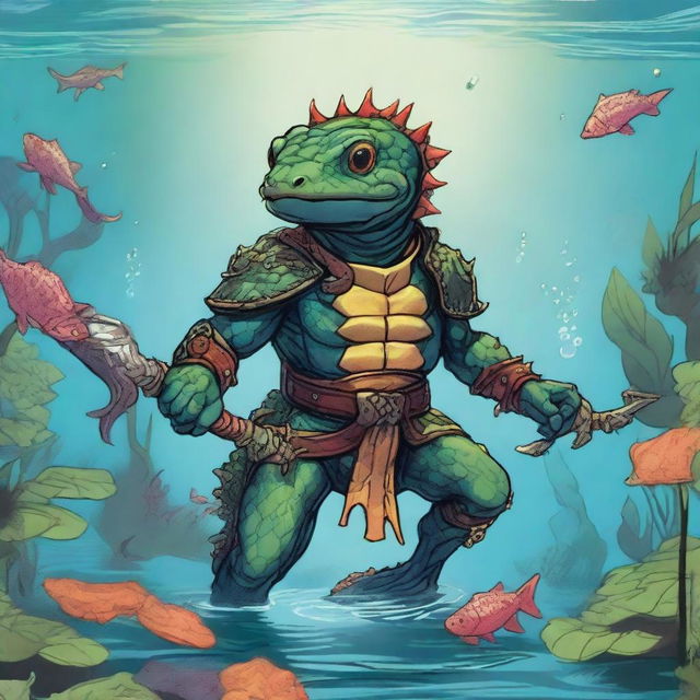 An illustration of a comic-style salamander warrior from Dungeons & Dragons, depicted underwater