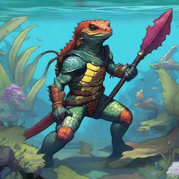 An illustration of a comic-style salamander warrior from Dungeons & Dragons, depicted underwater