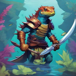 An illustration of a comic-style salamander warrior from Dungeons & Dragons, depicted underwater