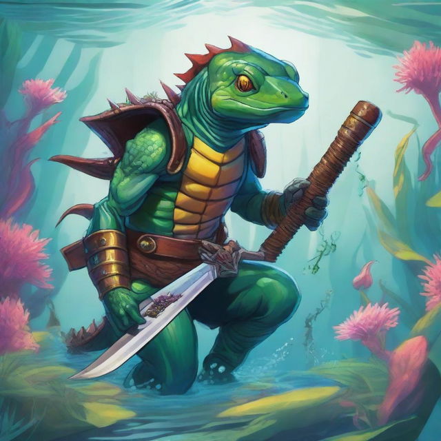 An illustration of a comic-style salamander warrior from Dungeons & Dragons, depicted underwater