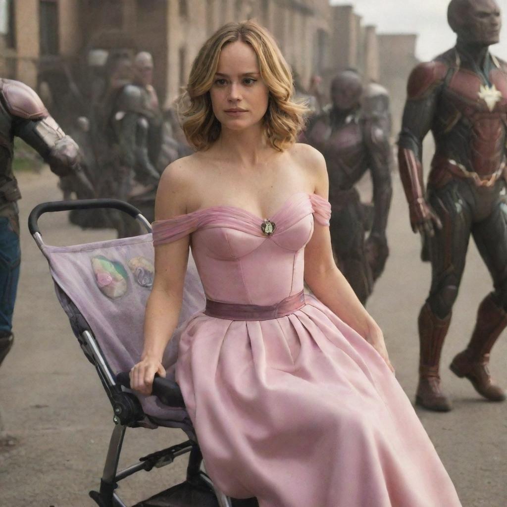 Captain Marvel's Brie Larson adorned in a pink dress, sitting in a baby stroller being pushed by friendly aliens.