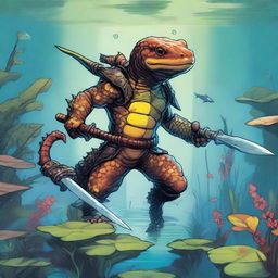 An illustration of a comic-style salamander warrior from Dungeons & Dragons, depicted underwater