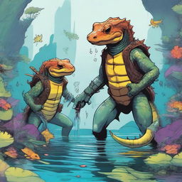 An illustration of comic-style salamander and newt warriors from Dungeons & Dragons, depicted underwater