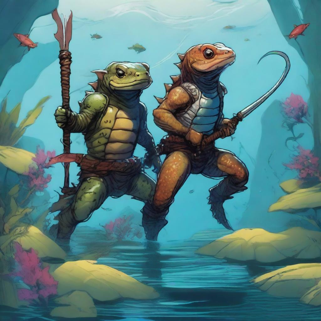 An illustration of comic-style salamander and newt warriors from Dungeons & Dragons, depicted underwater