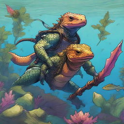 An illustration of comic-style salamander and newt warriors from Dungeons & Dragons, depicted underwater