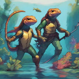 An illustration of comic-style salamander and newt warriors from Dungeons & Dragons, depicted underwater