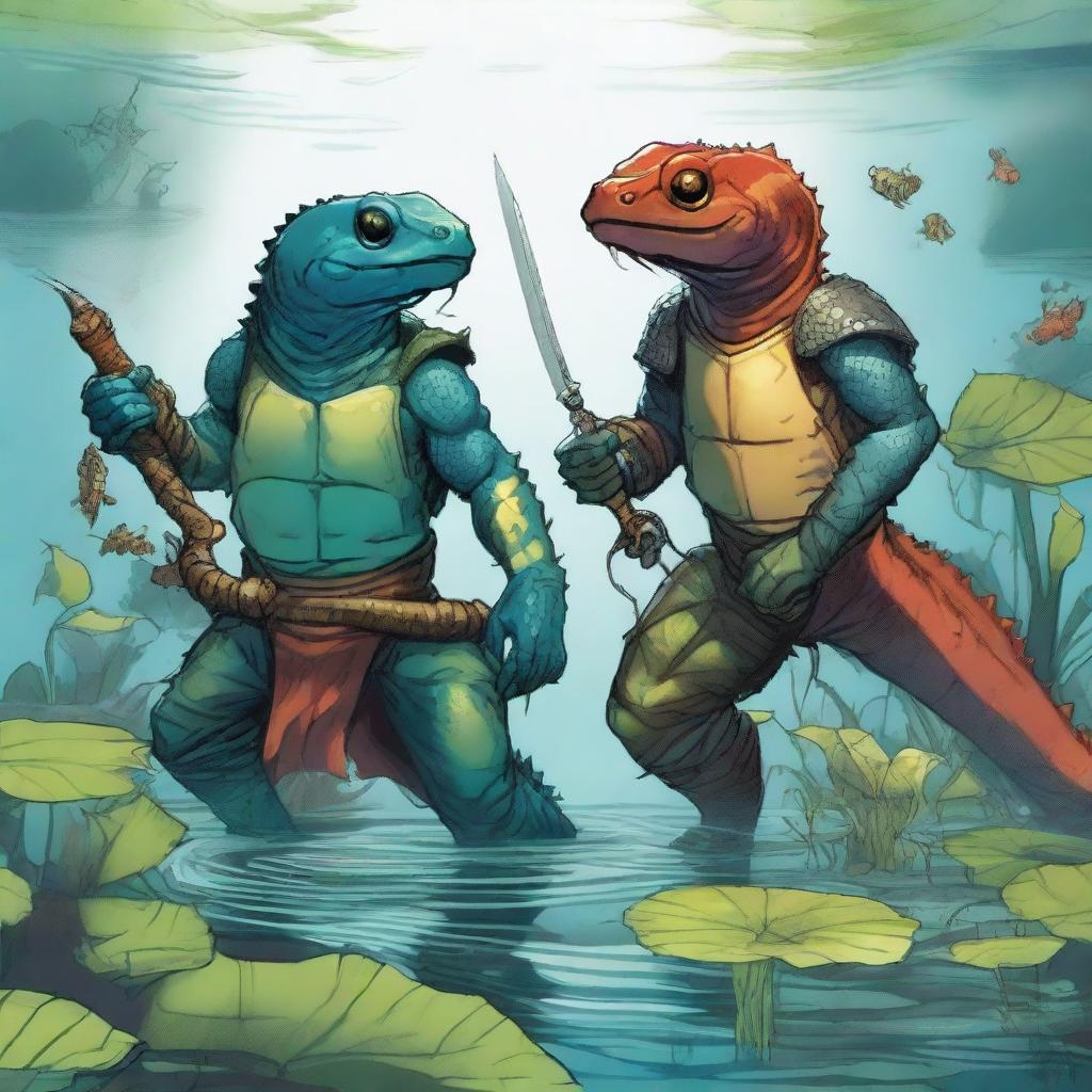 An illustration of comic-style salamander and newt warriors from Dungeons & Dragons, depicted underwater