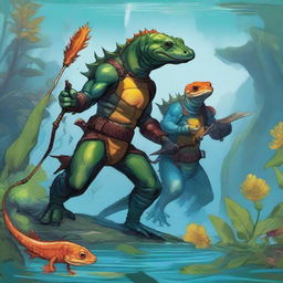 An illustration of comic-style salamander and newt warriors from Dungeons & Dragons, depicted underwater