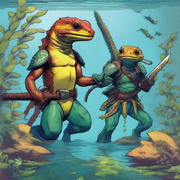 An illustration of comic-style salamander and newt warriors from Dungeons & Dragons, depicted underwater