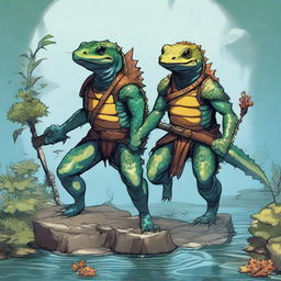 An illustration of comic-style salamander and newt warriors from Dungeons & Dragons, depicted underwater