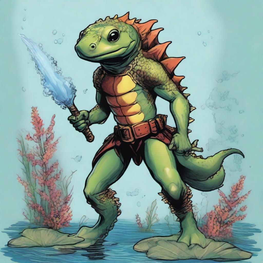 An illustration of a comic-style salamander or newt warrior from Dungeons & Dragons, depicted underwater