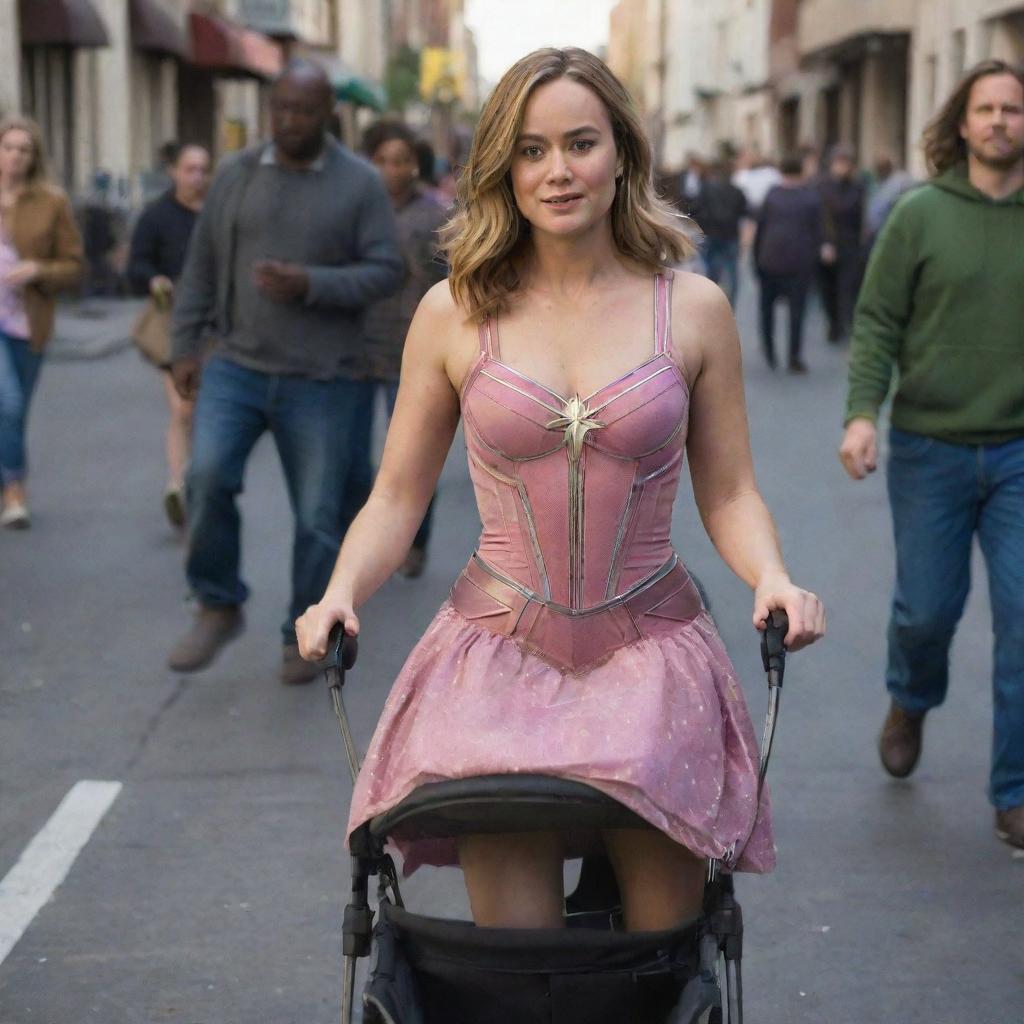 Brie Larson as Captain Marvel, wearing a whimsical pink dress, nestled comfortably in a baby stroller. She is hilariously being pushed around by friendly aliens in a light-hearted and playful setting.