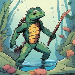 An illustration of a comic-style salamander or newt warrior from Dungeons & Dragons, depicted underwater