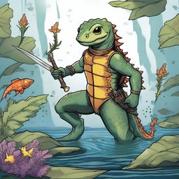 An illustration of a comic-style salamander or newt warrior from Dungeons & Dragons, depicted underwater