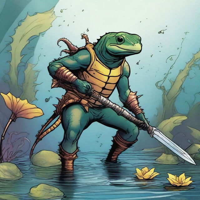 An illustration of a comic-style salamander or newt warrior from Dungeons & Dragons, depicted underwater