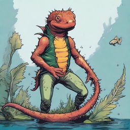 An illustration of a comic-style salamander or newt warrior from Dungeons & Dragons, depicted underwater