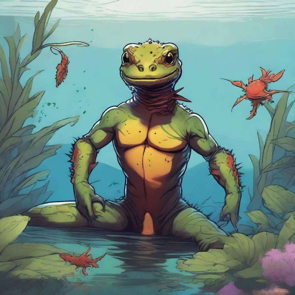 An illustration of a comic-style salamander or newt warrior from Dungeons & Dragons, depicted underwater